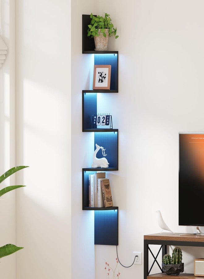 Qupui Corner Shelf Wall Mount with LED Light, 5 Tier Floating Corner Bookshelf, Plant Shelf for Bedroom, Floating Shelves for Wall, Display Stand for Living Room, Bathroom, Home Office, Black - Image 1